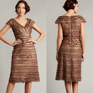 Tadashi Shoji Metallic Bronze Thora Beaded Silken Fringe Cap Sleeve Dress - 8